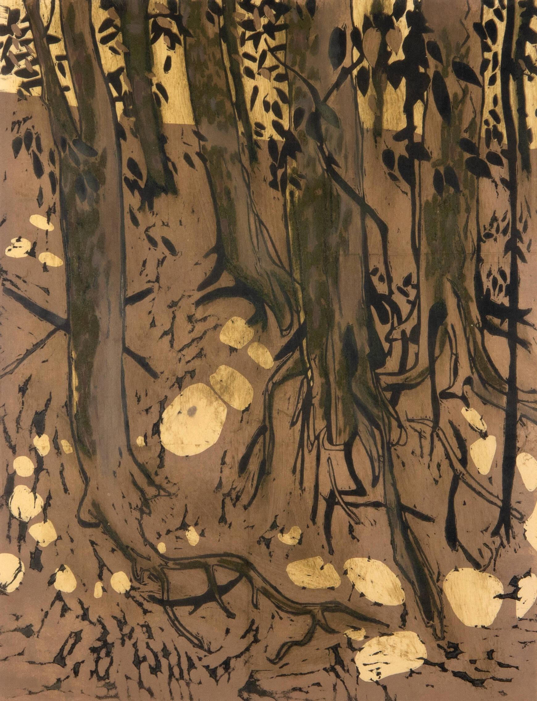 Trees with black leaves on a brown ground with many roots.